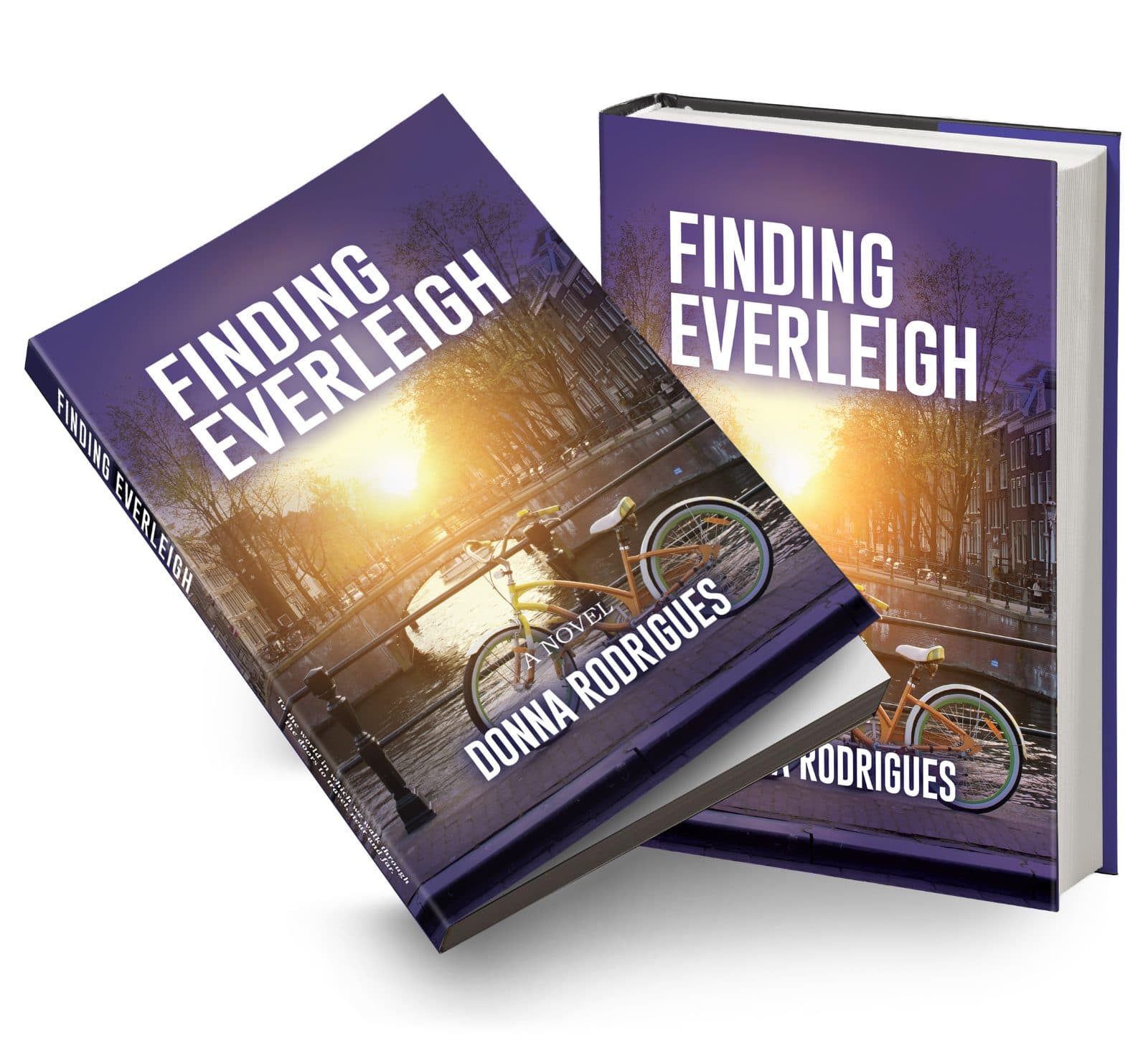 Finding Everleigh by Donna Rodrigues: a bicycle on an Amsterdam canal bridge at sunset